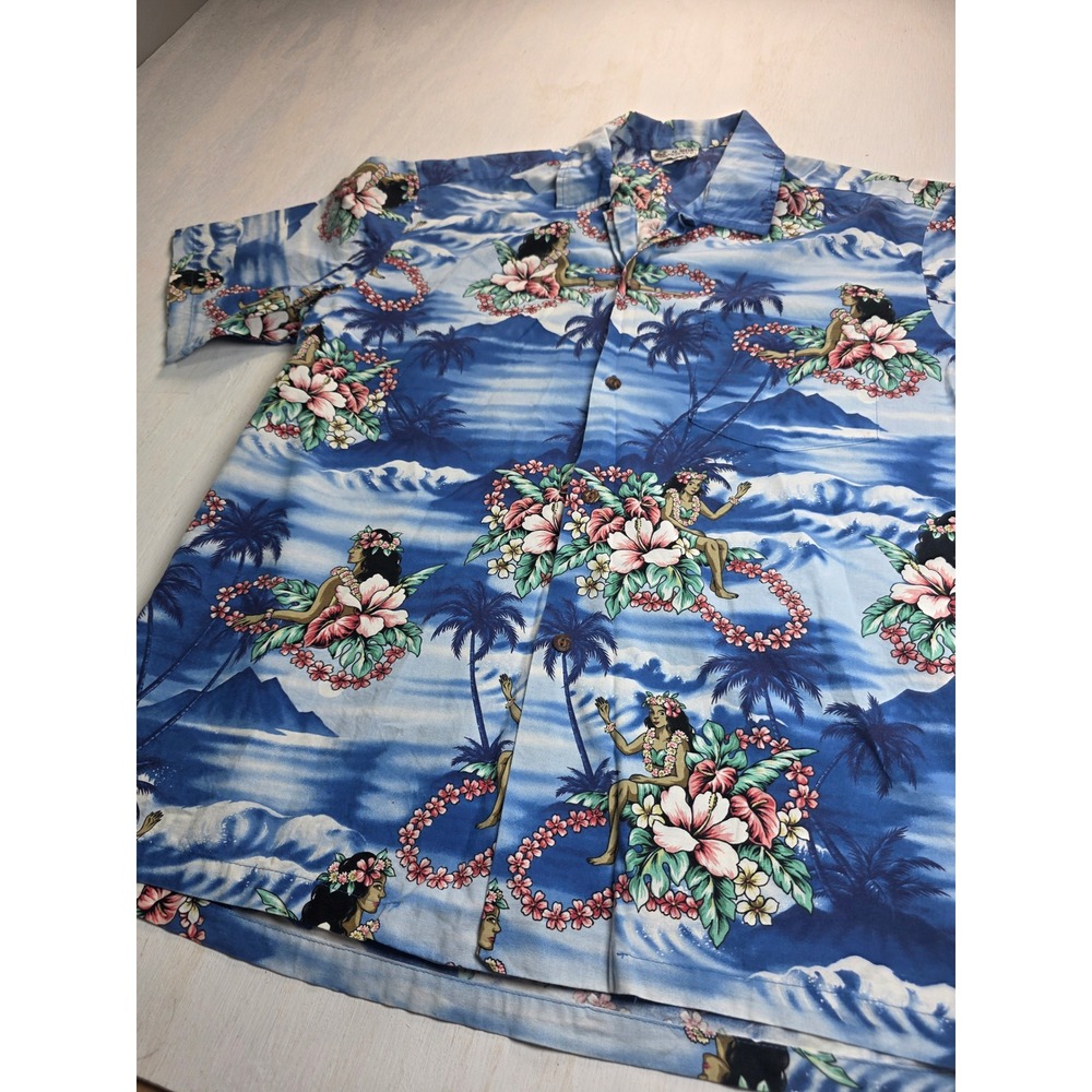 Vintage Aloha Republic Hawaiian Shirt Blue Hula Girl Hibiscus Made in Hawaii L